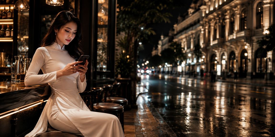 Người phụ nữ áo dài Hà Nội tham gia game ban cá và xem kèo trực tuyến trên điện thoại
