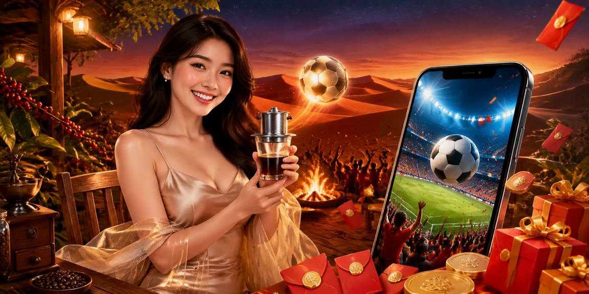 Người chơi tại Mũi Né nhận phong bao đỏ bonus và thưởng thức cà phê bên bãi biển