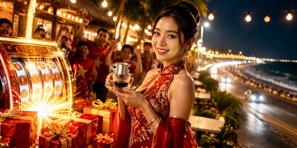 Người chơi tại Phan Thiết thưởng thức cà phê và tham gia slot game trực tuyến buổi tối